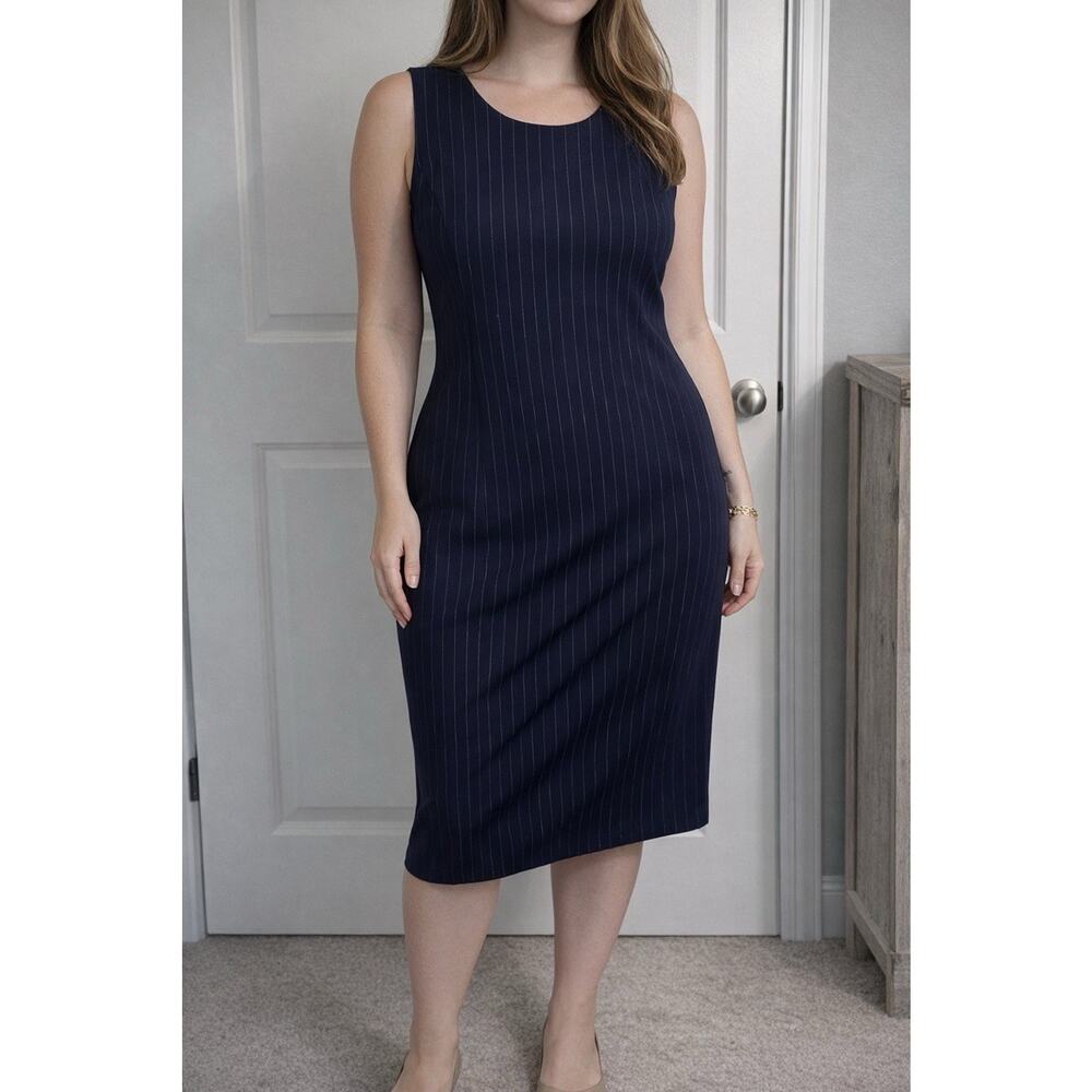 Perceptions Women’s Size 12 Navy White Pinstripe Sleeveless Sheath Dress